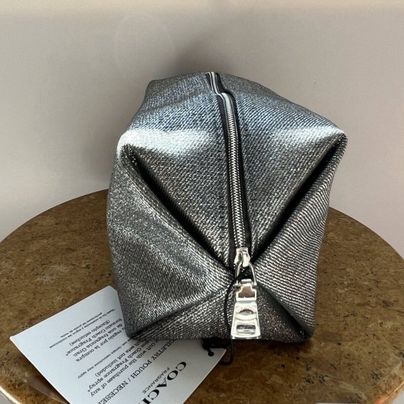 Coach Toiletry Pouch, Makeup & Cosmetic Bag, Silver Shimmering Large Zipper NWT - Picture 8 of 16